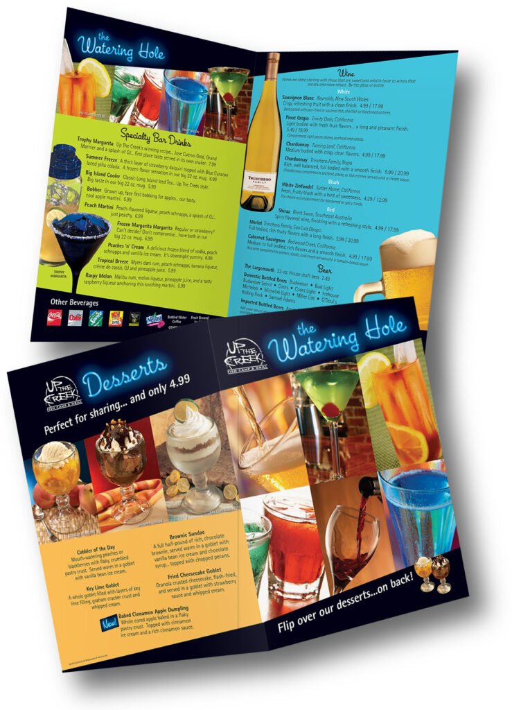 Julie Quigley - Graphic Design Portfolio - Casual Dining Menu for Up the Creek Restaurant