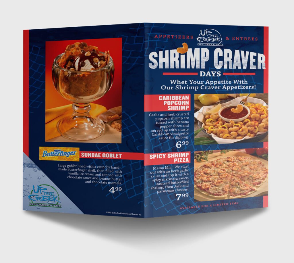 Julie Quigley - Graphic Design Portfolio - Casual Dining Menu for Up the Creek Restaurant
